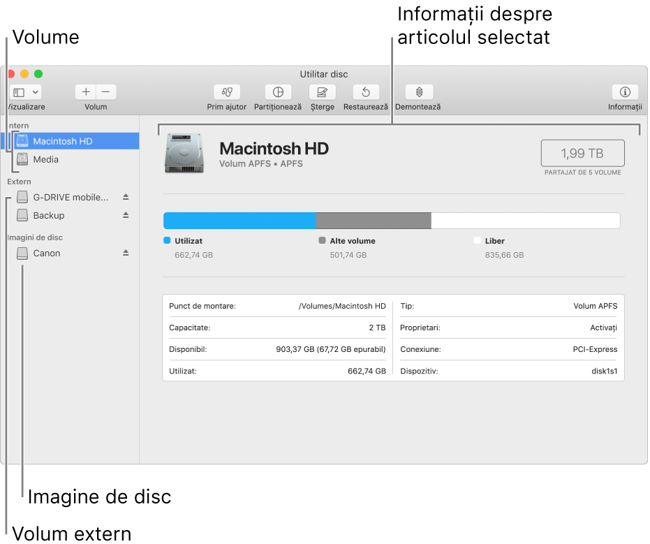Fereastra Utilitar disc, afișând un volum APFS pe un disc intern, un volum pe un disc extern și o imagine de disc.