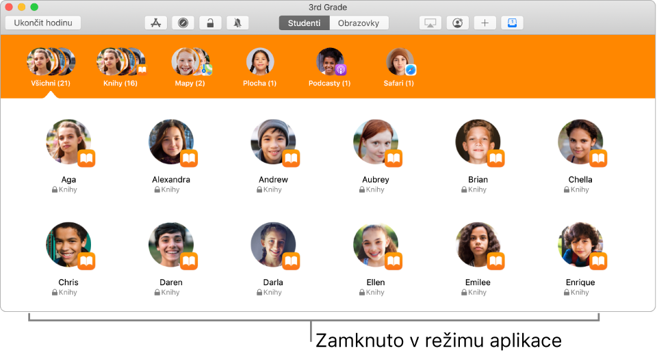 Okno aplikace Třída ukazující skupinu studentů „zamknutých“ v aplikaci
