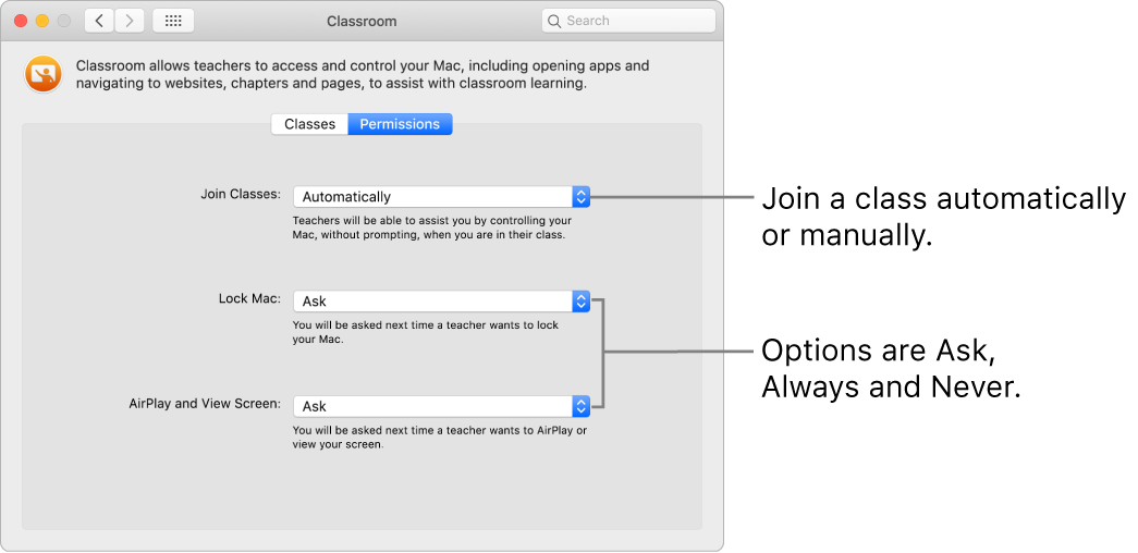 Students’ view of Classroom permissions that are available to them.