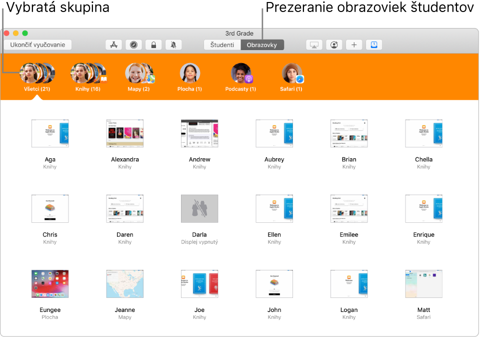 Okno aplikácie Učebňa zobrazujúce tlačidlo Obrazovky označené v riadku akcií a označená skupina ukazuje, že je teraz možné prezerať si obrazovky.