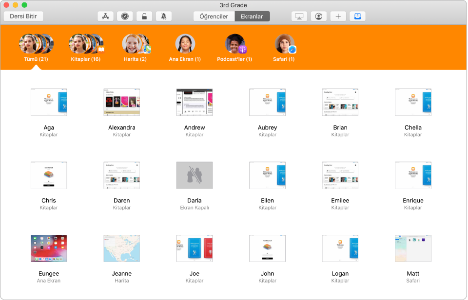 Öğrencilerin ekranlarını görüntüleyin.