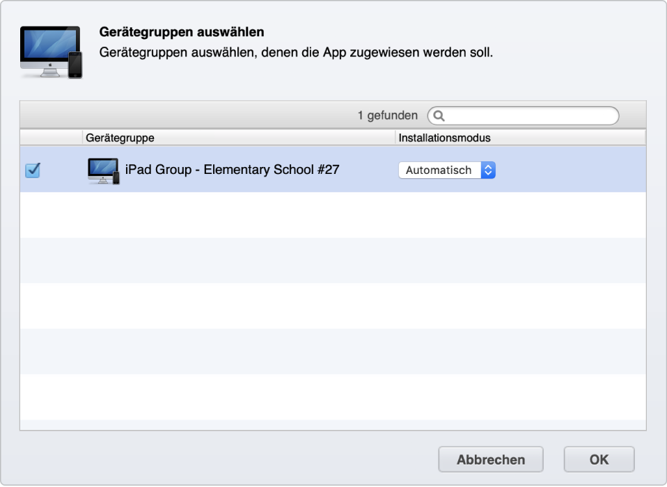 Erstelle eine Gerätegruppe basierend auf Gerätetyp, Standort oder Benutzergruppe und lege dann fest, dass Apps automatisch zur Gruppe hinzugefügt werden.