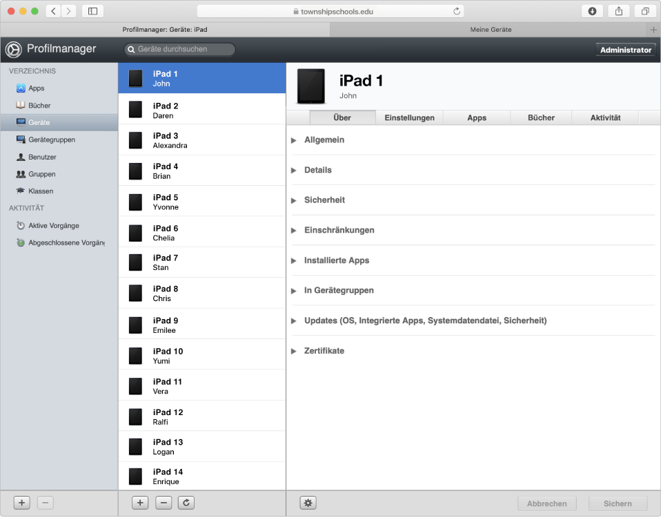 Apple-Geräte können im Profilmanager registriert und bestimmten Benutzern zugewiesen werden.