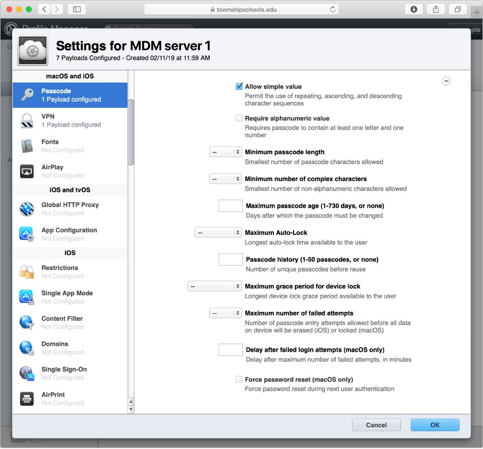 Profile Manager can manage Apple devices and manage settings, such as password settings.