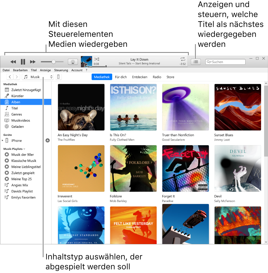Das Hauptfenster der iTunes-Mediathek: Wähle im Navigationsbereich die Art der Medien aus, die du abspielen willst (z. B. Musik). Verwende die Steuerelemente im Banner oben, um deine Medien abzuspielen, und das Popupmenü „Als Nächstes“ rechts, um die Mediathek auf andere Weise anzuzeigen.