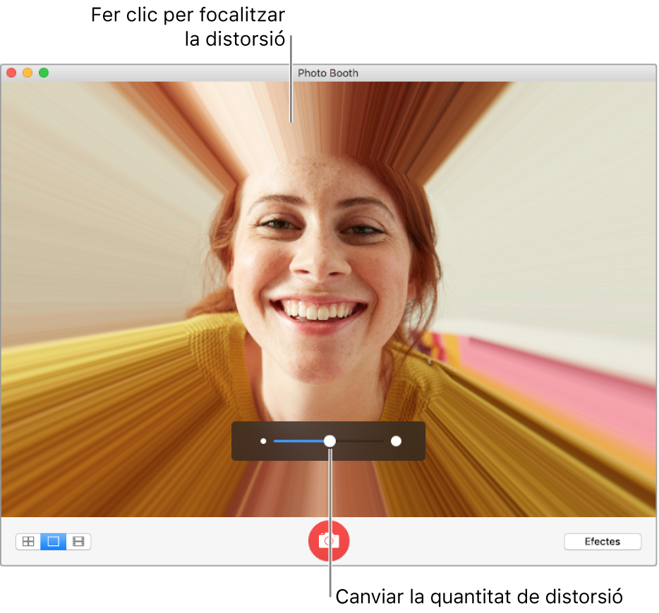 La finestra de l’app Photo Booth mostrant una previsualització de l’efecte de distorsió i el regulador per ajustar l’efecte de distorsió.