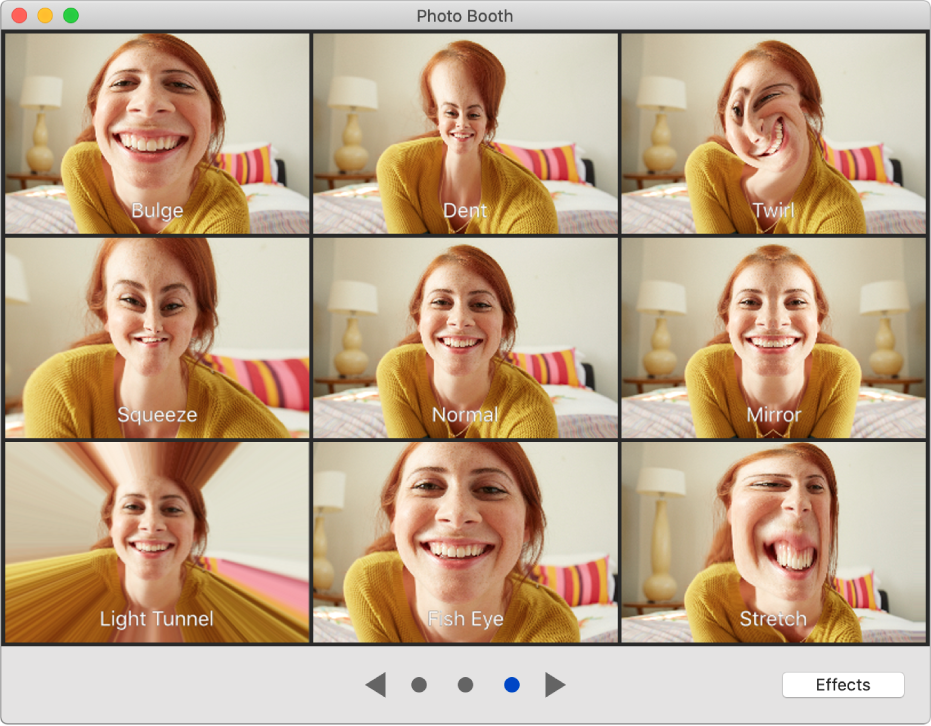 Das Photo Booth-Fenster zeigt Effekte zum Auswählen wie „Dehnen“ sowie die Tasten zum Suchen unten in der Mitte des Fensters. Die Taste „Effekte“ wird unten rechts im Fenster angezeigt.
