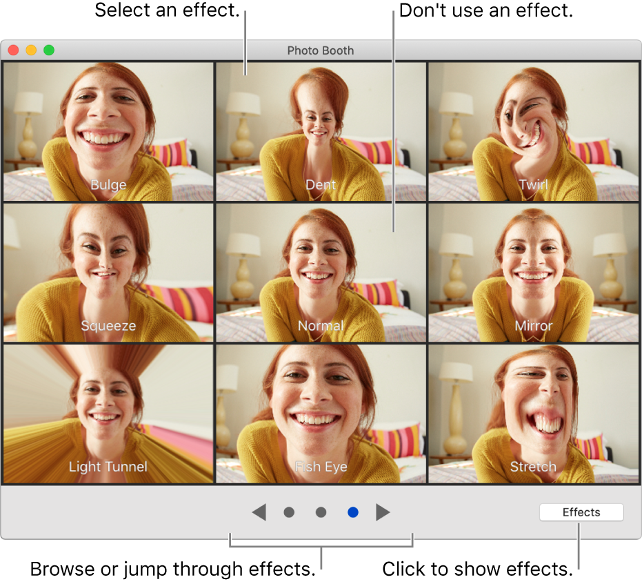 Photo Booth window showing a page of effects like Mirror and the browse buttons on the bottom-center of the window. The Effects button appears on the bottom-right of the window.