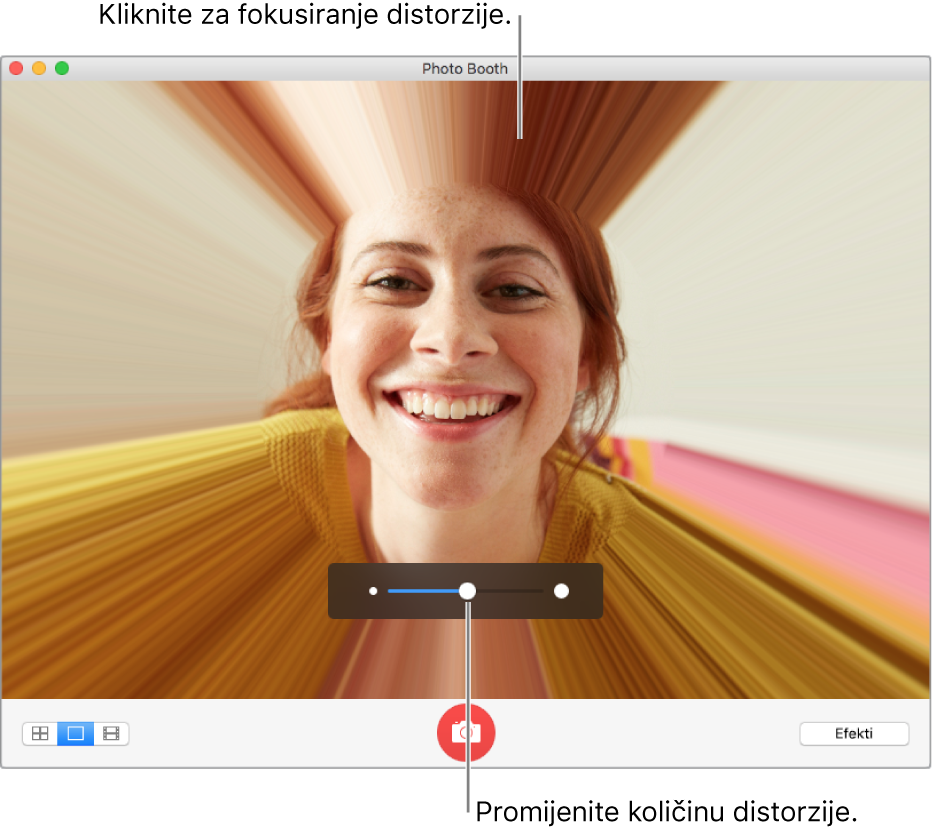 Prozor aplikacije Photo Booth koji prikazuje efekt izobličenja i kliznik za prilagodbu efekta izobličenja.
