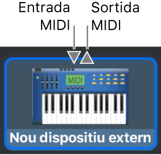 Els connectors “Entrada MIDI” i “Sortida MIDI” a la part superior de la icona d’un dispositiu extern nou.