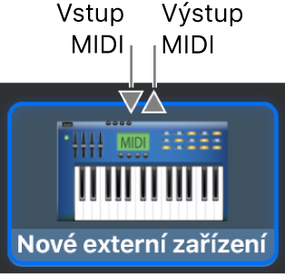 Vstupní a výstupní MIDI konektory nad ikonou nového externího zařízení.
