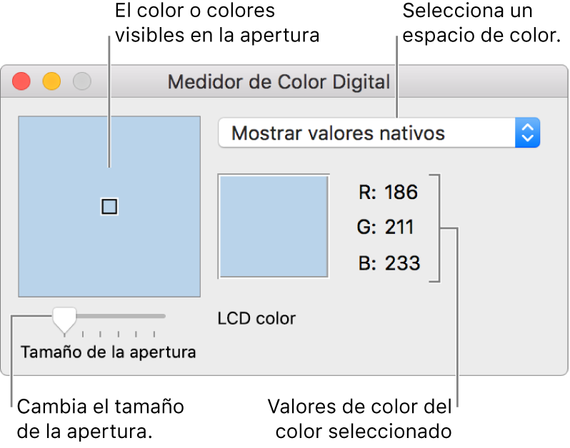 Ventana de Medidor de Color Digital con el color seleccionado en la apertura a la izquierda, el menú desplegable de espacio de color, los valores de color y el regulador “Tamaño de apertura”.