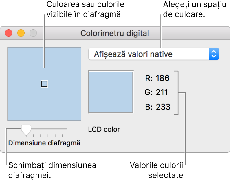 Fereastra Colorimetru digital, afișând culoarea selectată în diafragma din stânga, meniul pop-up pentru spațiul de culoare, valorile de culoare și glisorul Dimensiune diafragmă.
