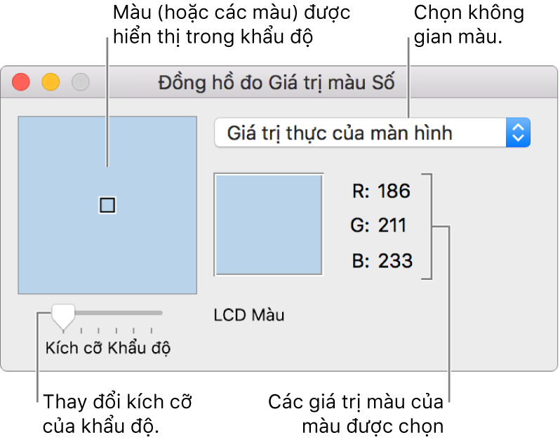 Cửa sổ Đồng hồ đo Giá trị màu Số, hiển thị màu được chọn trong khẩu độ ở bên trái, menu bật lên không gian màu, giá trị màu và thanh trượt Kích cỡ Khẩu độ.