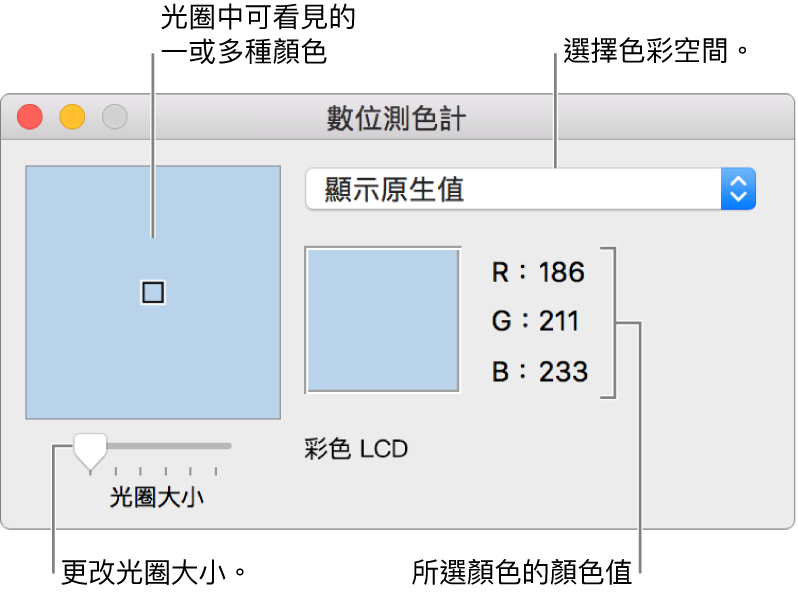 「數位測色計」的視窗，顯示左側光圈中的所選顏色、色彩空間彈出式選單、顏色數值和「光圈大小」滑桿。