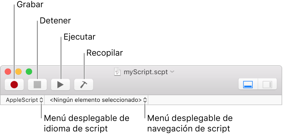 La barra de herramientas de Editor de Scripts mostrando los controles para grabar, detener, ejecutar, compilar, navegar por un script y elegir el idioma del script.
