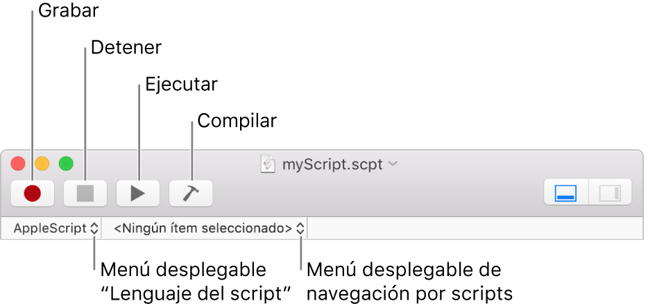 La barra de herramientas de Editor de Scripts, con los controles de grabar, detener, ejecutar, compilar, lenguaje de script y navegación de script.