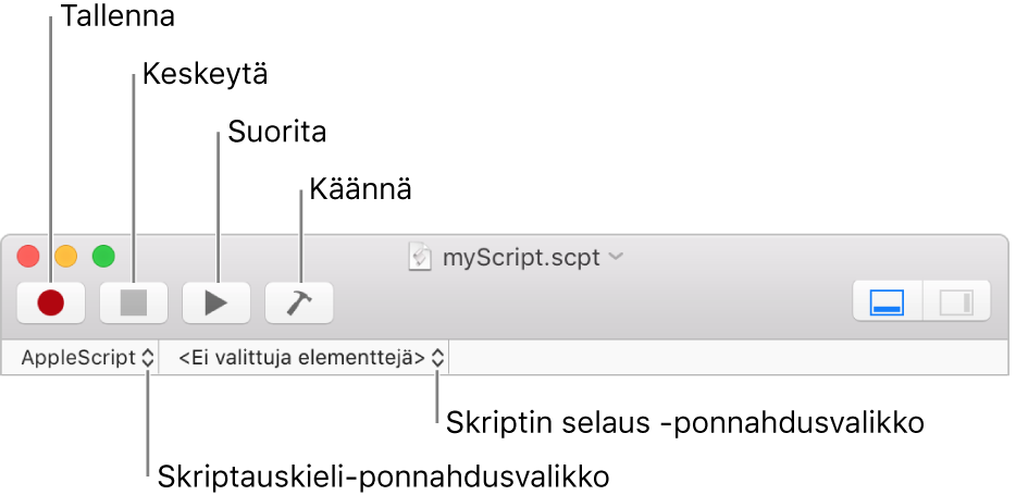 Skriptieditorin työkalupalkki, jossa näkyy säätimet tallentamiselle, keskeyttämiselle, suorittamiselle, kääntämiselle, skriptikielelle ja skriptin selaamiselle.
