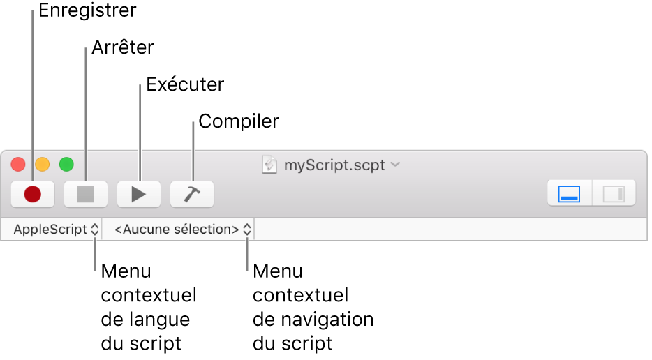 Barre d’outils d’Éditeur de script affichant les commandes d’enregistrement, d’arrêt, d’exécution, de compilation, de langage de script et de navigation dans le script.