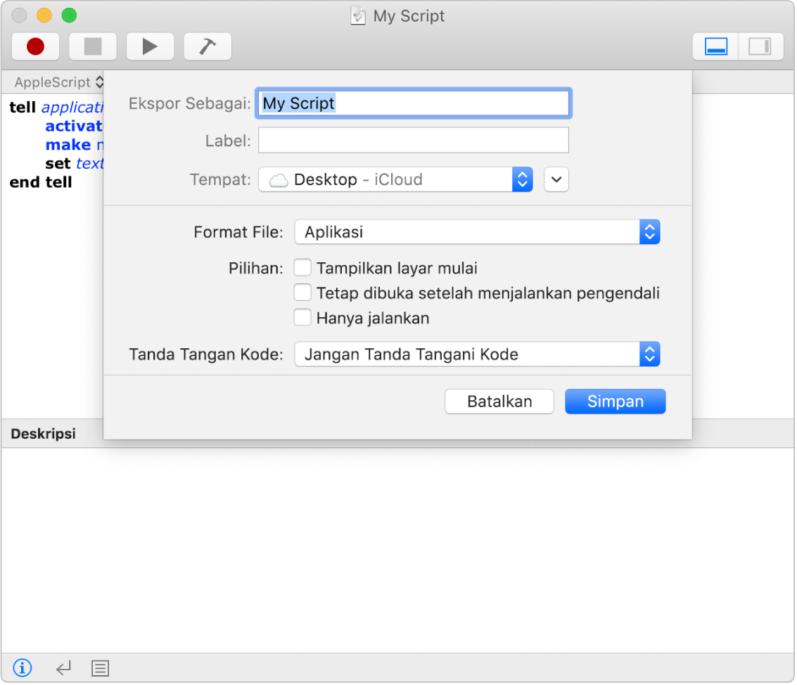 Dialog Ekspor menampilkan menu pop-up Format File dengan Aplikasi dipilih dan pilihan yang dapat Anda atur saat menyimpan skrip Anda.