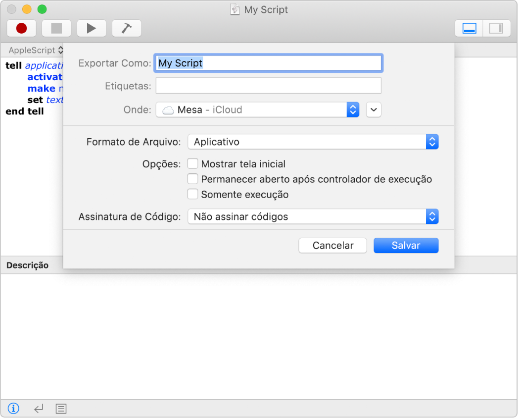 Diálogo de Exportação mostrando o menu local “Formato de Arquivo”, com Aplicativo selecionado e outras opções que podem ser definidas ao salvar o script.