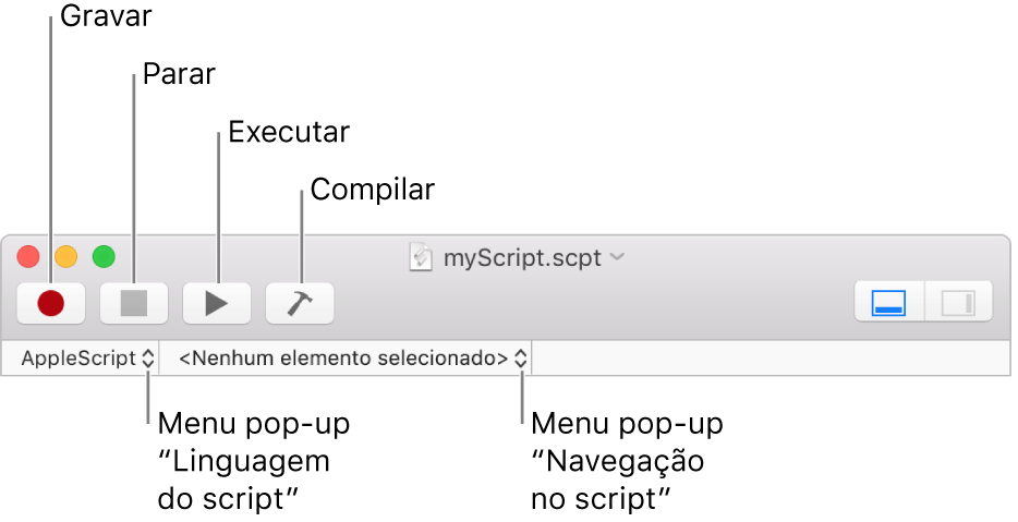 A barra de ferramentas do Editor de Scripts a mostrar os controlos para gravar, parar, executar, compilar, de linguagem de scripting e navegação.