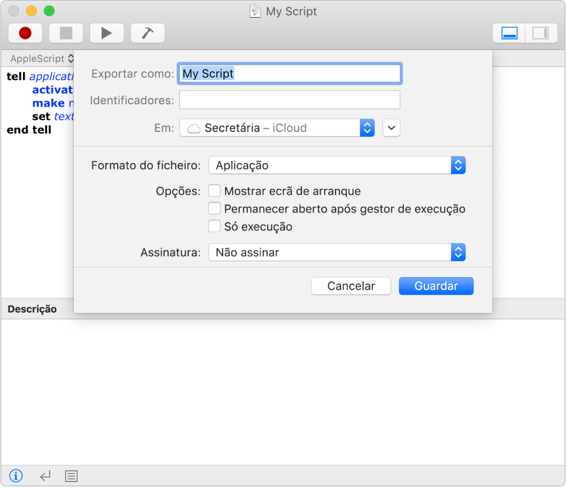 A caixa de diálogo Exportar a mostrar o menu pop-up “Formato de ficheiro” com a opção Aplicação selecionada, assim como as opções que pode definir ao guardar o script.