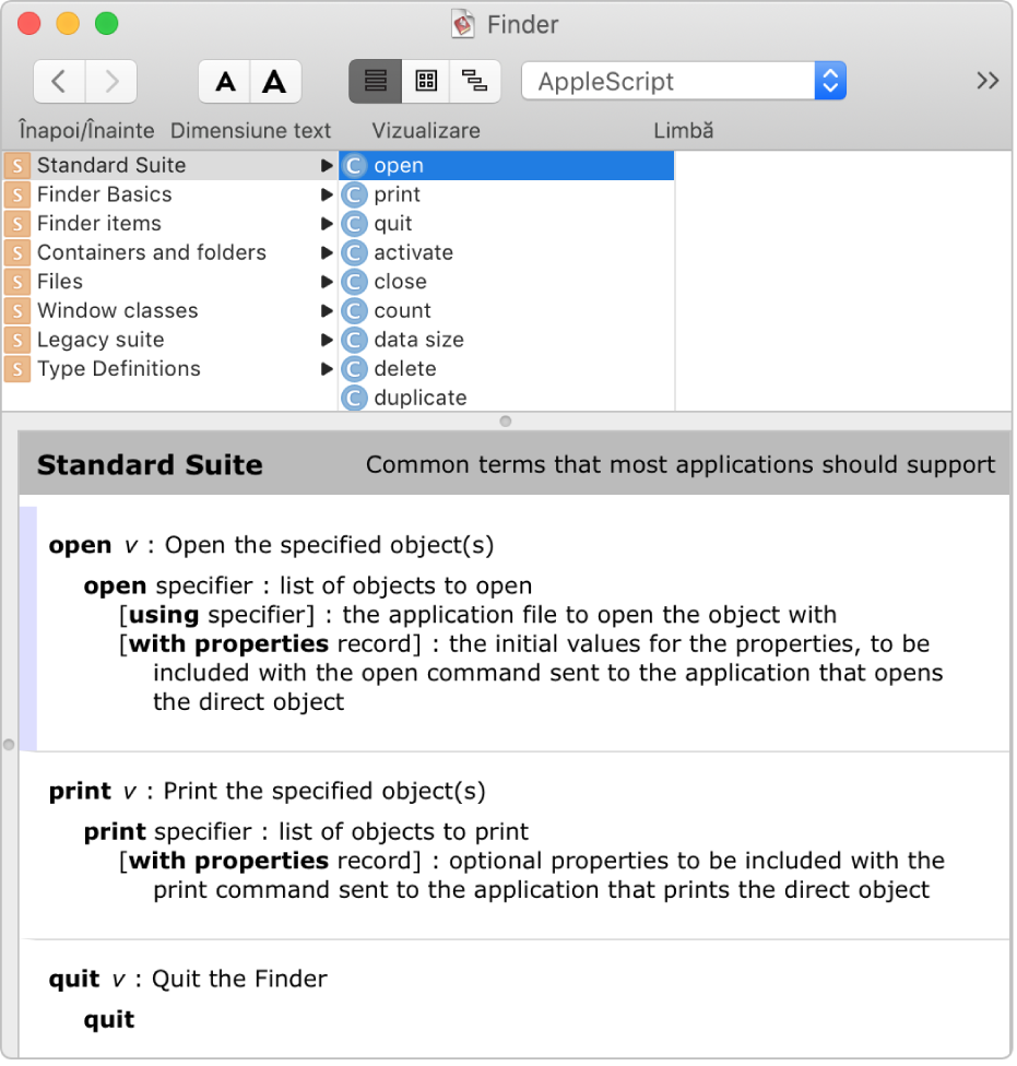 Dicționarul AppleScript pentru Finder.