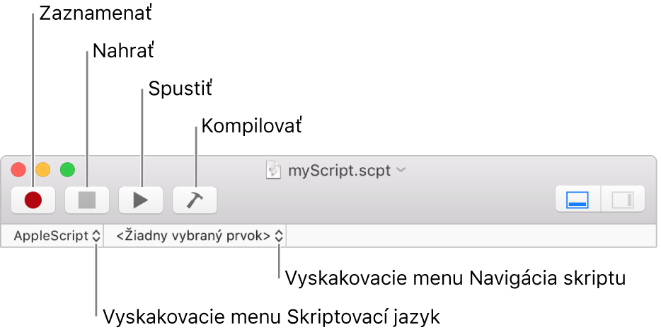 Panel s nástrojmi aplikácie Script Editor zobrazujúci ovládacie prvky nahrávania, zastavenia, spustenia, kompilovania, skriptovacieho jazyka a skriptovej navigácie.