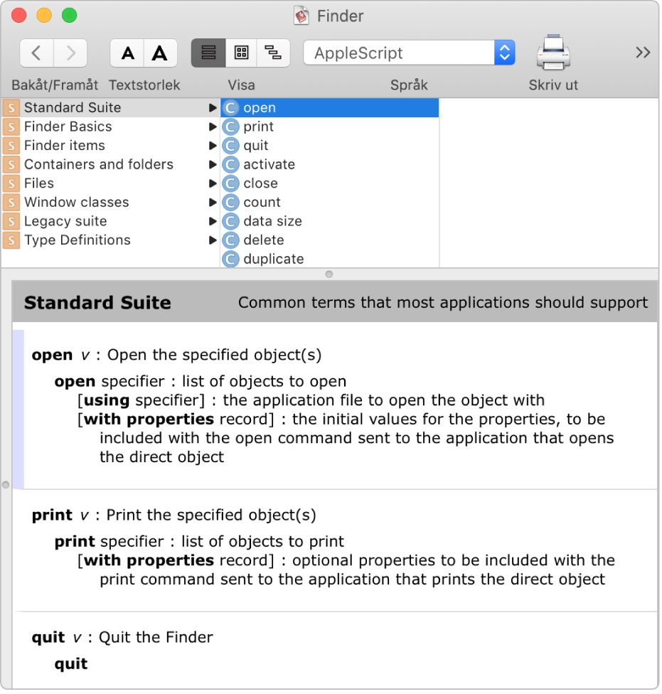 AppleScript-ordlistan för Finder.
