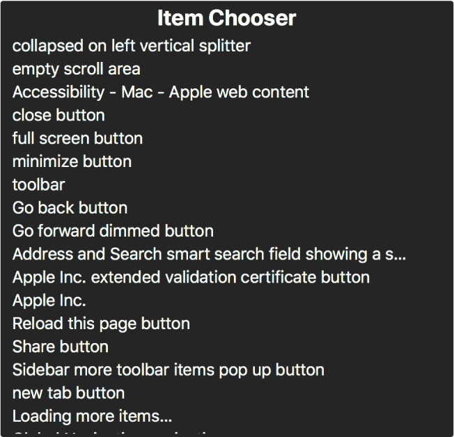 The Item Chooser is a panel that lists items such as empty scroll area, close button, toolbar and Share button, among others.