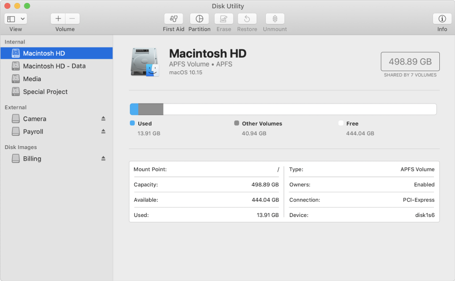 The Disk Utility window, showing an APFS volume on an internal disk, a volume on an external disk and a disk image.