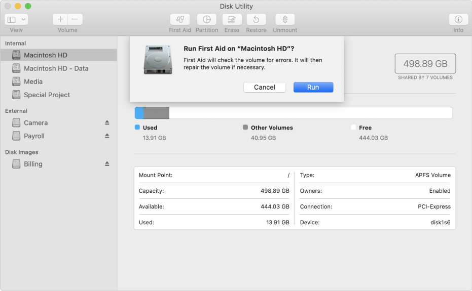 The First Aid dialogue in the Disk Utility toolbar.