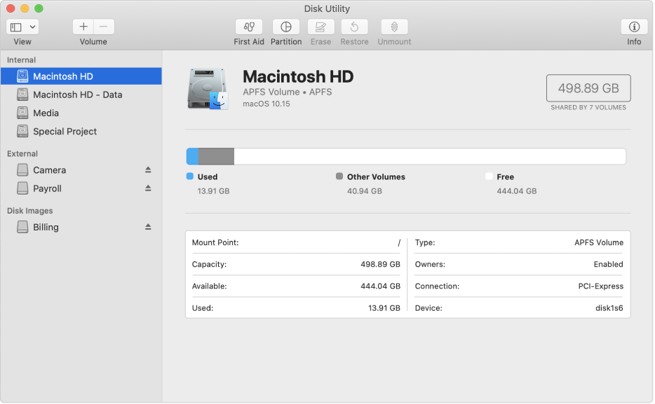 The Disk Utility window, showing an APFS volume on an internal disk, a volume on an external disk, and a disk image.