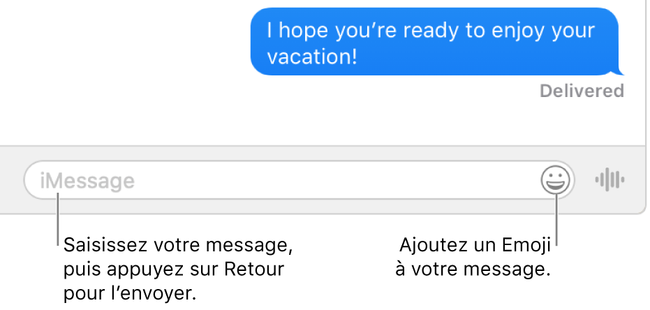 Une conversation dans la fenêtre Messages avec la zone de texte affichée au bas de la fenêtre.