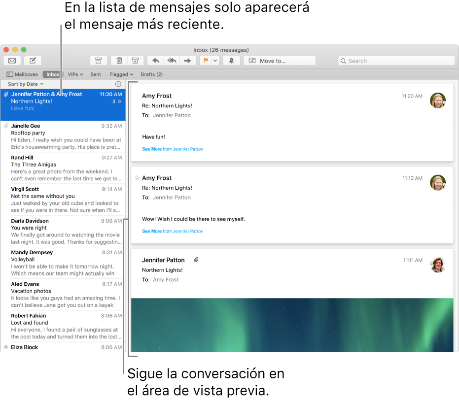 De este modo, en la lista de mensajes solamente se muestra el mensaje más reciente de cada conversación. Un número en el mensaje superior indica cuántos mensajes de la conversación se encuentran en el buzón actual. Siga la conversación en el área de previsualización.