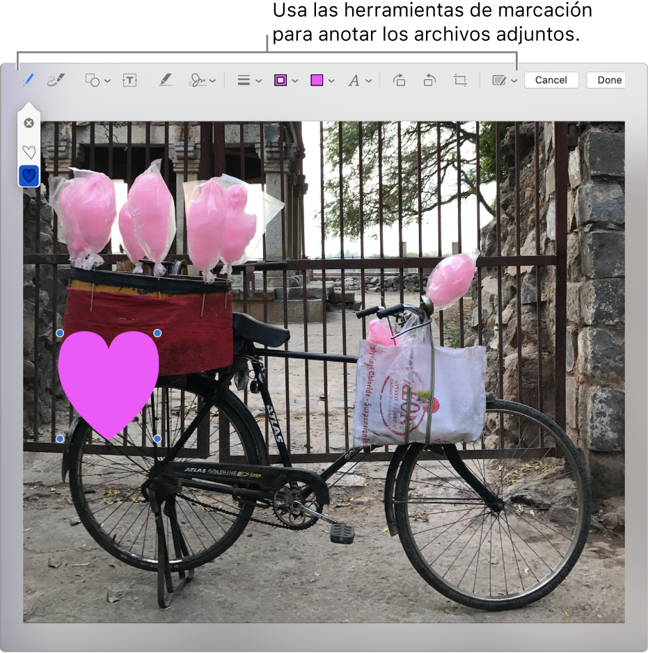 Un archivo adjunto con la barra de herramientas de Marcación a lo largo de la parte superior.