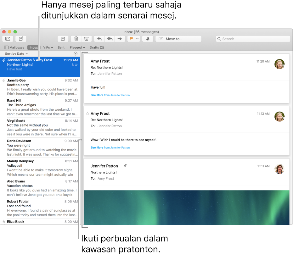 Hanya mesej yang paling baru dari perbualan ditunjukkan dalam senarai mesej. Nombor di mesej teratas menunjukkan berapa banyak mesej perbualan berada dalam peti mel semasa. Ikuti perbualan dalam kawasan pratonton.