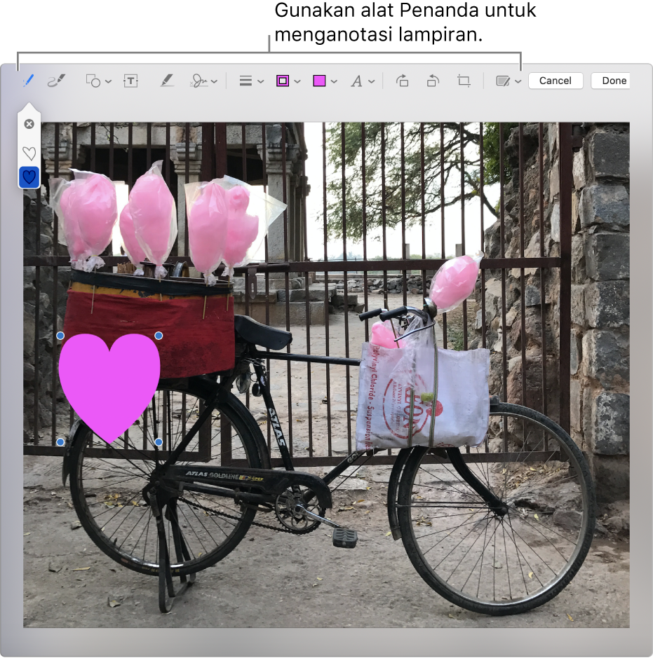 Lampiran dengan bar alat Penanda merentasi bahagian atas.