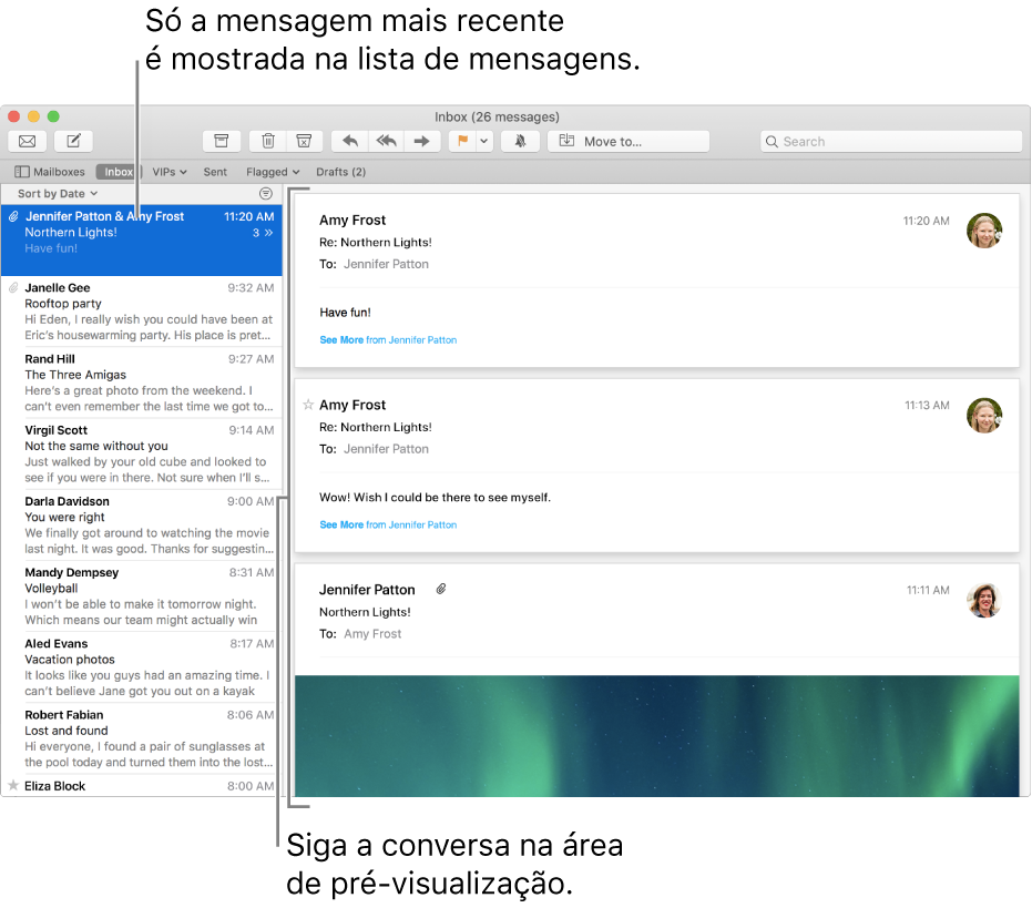 Apenas a mensagem mais recente de uma conversa é apresentada na lista de mensagens. O número na mensagem que se encontra no topo indica quantas mensagens da conversa estão na caixa de correio atual. Siga a conversa na área de pré-visualização.