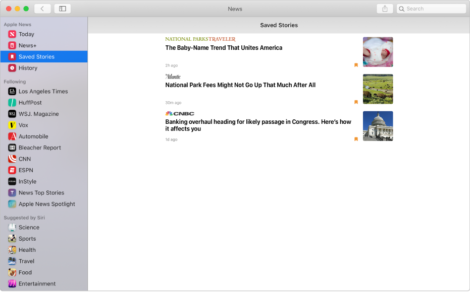 The Apple News window with Saved Stories selected in the sidebar on the left and the list of saved stories on the right.