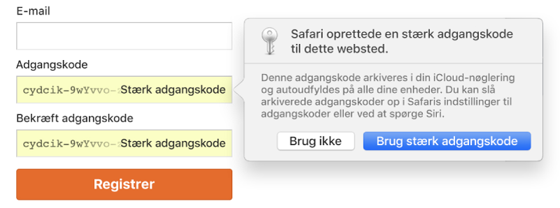 Kontotilmeldingssiden, der viser en automatisk oprettet adgangskode samt muligheden for at afvise at bruge det eller bruge det.