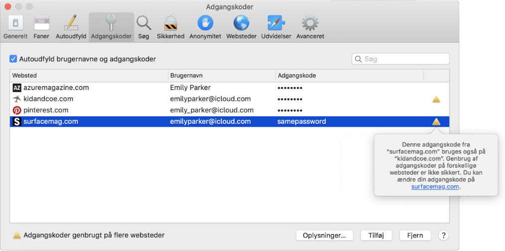 Indstillinger for Adgangskoder, advarsel om, at to websteder bruger samme adgangskode.