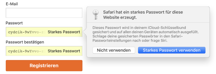 Account-Anmeldeseite mit einem automatisch erstellten Passwort und der Option dieses abzulehnen oder zu verwenden