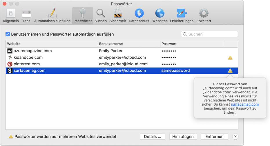 Einstellungen für Passwörter, die warnen, dass zwei Websites dasselbe Passwort verwenden
