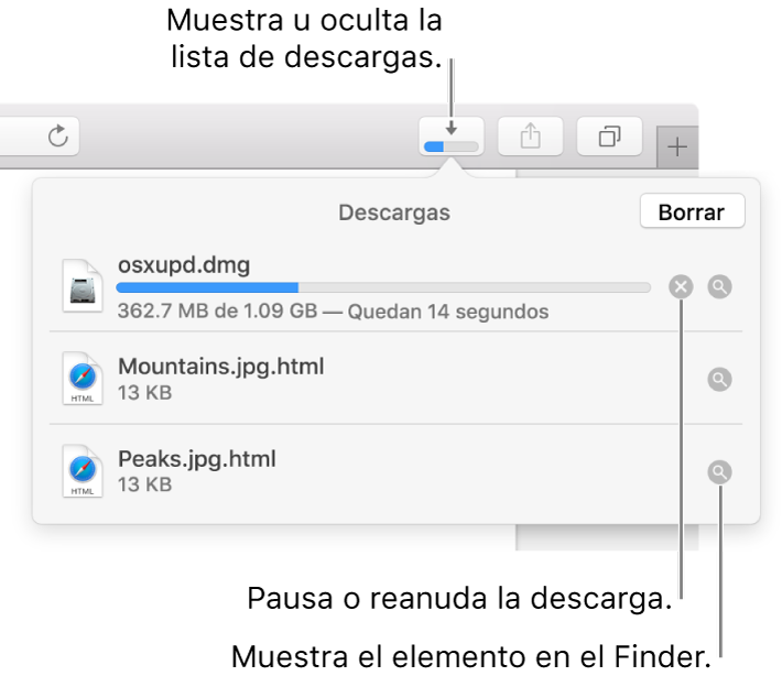 El botón Descargas en la barra de herramientas, con la lista de descargas abajo.