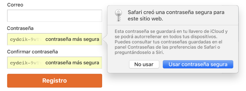 Página para crear una cuenta, mostrando una contraseña creada automáticamente y la opción de usarla o rechazarla.