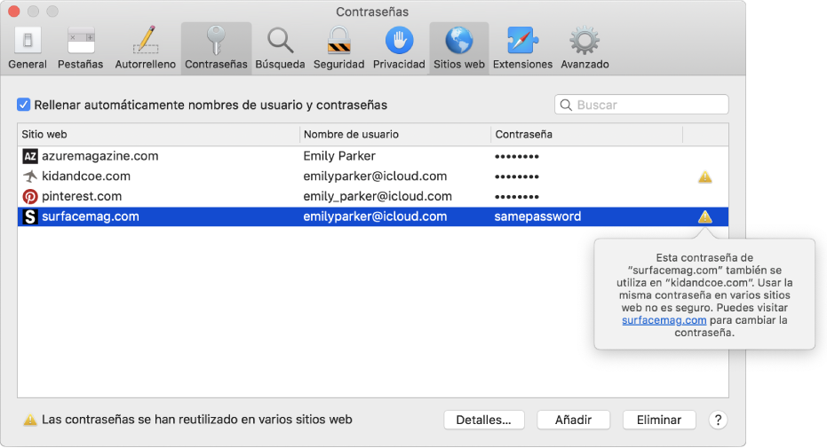El panel de preferencias Contraseñas, donde se avisa de que hay dos sitios web en los que se usa la misma contraseña.
