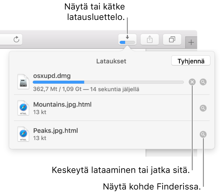 Työkalupalkin Lataukset-painike ja latausten luettelo sen alapuolella.