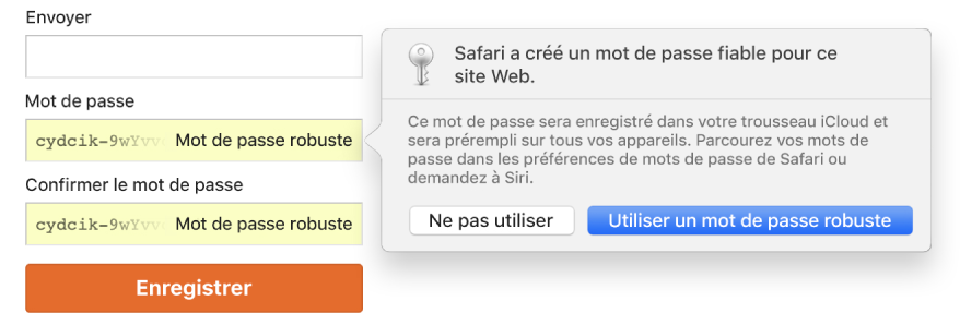 Page d’inscription à un compte affichant un mot de passe créé automatiquement avec le choix de le rejeter ou de l’utiliser.